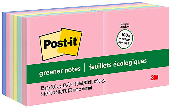 Post-it Greener Notes, 3 in x 3 in, 12 Pads, 100 Sheets/Pad, Clean Removal, Sweet Sprinkles Collection