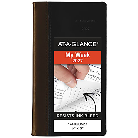 AT-A-GLANCE® Fine Diary® 2027 Weekly Monthly Diary, Black Brown, Pocket, 3" x 6"