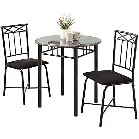 Monarch Specialties 30" Round Marble-Top Table With 2 Bistro Chairs, Gray/Black
