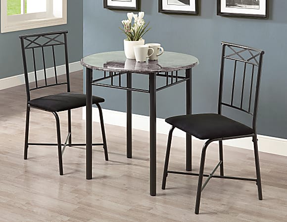 Monarch Specialties 30" Round Marble-Top Table With 2 Bistro Chairs, Gray/Black