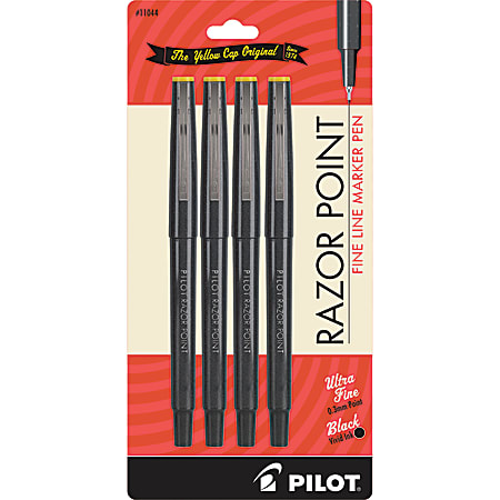 Pilot® Razor Point Marker Pens, Extra-Fine Point, 0.3mm, Black Barrel, Black Ink, Pack Of 4