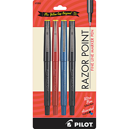 Pilot® Razor Point Marker Pen, Extra Fine Point, 0.3mm, Assorted Colors, Pack Of 4