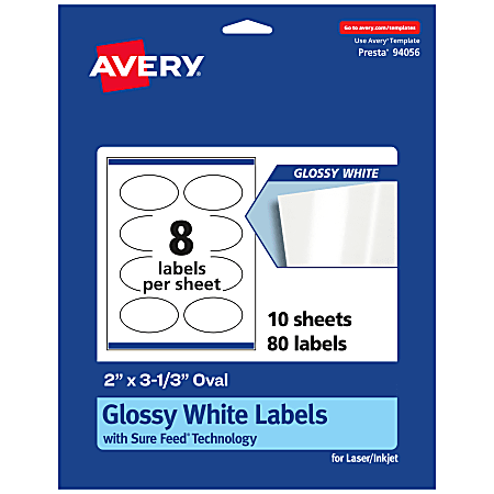 Avery® Glossy Permanent Labels With Sure Feed®, 94056-WGP10, Oval, 2" x 3-1/3", White, Pack Of 80