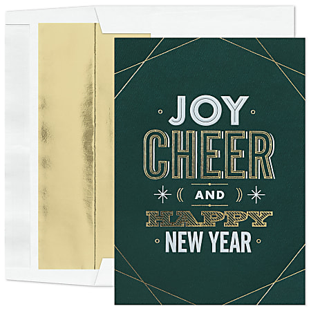 Custom Embellished Holiday Cards And Foil Envelopes, 5-5/8" x 7-7/8", Joy and Cheer, Box Of 25 Cards