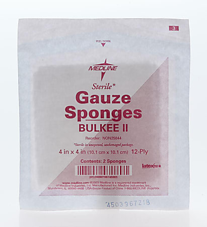 Medline Bulkee Super Fluff Sterile Sponges, 4" x 4", White, 2 Sponges Per Pack, Case Of 600 Packs