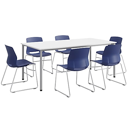 KFI Studios Dailey Table Set With 6 Sled Chairs, White/Gray Table/Navy Chairs