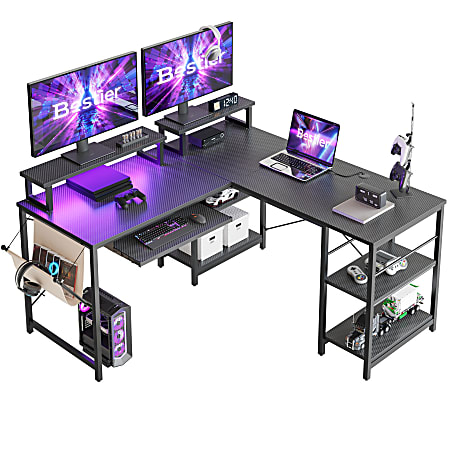 Bestier L-Shaped Corner Computer Desk With Storage Shelf, Monitor Stands, Side Pocket And Tray, 60"W, Black Carbon Fiber