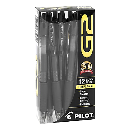 Pilot G2 Retractable Gel Pens, Fine Point, 0.7 mm, Clear Barrels, Black Ink, Pack Of 12 Pens