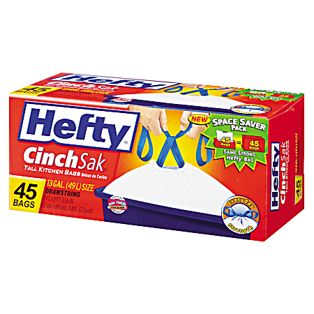 Hefty CinchSak 13-gallon Drawstring Bags - 13 gal Capacity - Drawstring Closure - White - 6/Carton - 45 Per Pack - Garbage, Kitchen Hefty CinchSak 13-gallon Drawstring Bags - 13 gal Capacity - Drawstring Closure - White - 6/Carton - 45 Per Pack - Garbage, Kitchen