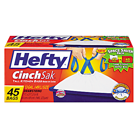 Hefty CinchSak 13-gallon Drawstring Bags - 13 gal Capacity - Drawstring Closure - White - 45/Pack - Garbage, Kitchen Hefty CinchSak 13-gallon Drawstring Bags - 13 gal Capacity - Drawstring Closure - White - 45/Pack - Garbage, Kitchen