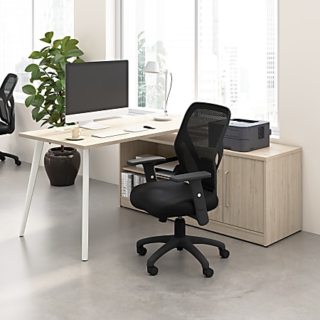 Bush Business Furniture Vista 60"W Corner Desk with Splayed Metal Legs and Low Storage Cabinet, Natural Elm, Standard Delivery