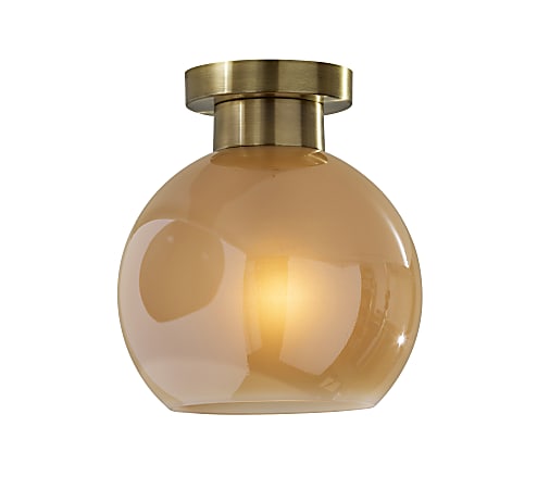 Adesso Atticus Flush Mount Lamp, 9”W, Amber Glosted Glass Shade/Antique Brass Base