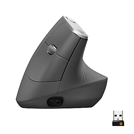 Logitech MX Vertical Ergonomic Wireless Mouse Control and Move Content Between 3 Windows and Apple Computers Bluetooth or USB Rechargeable Graphite - Office Depot