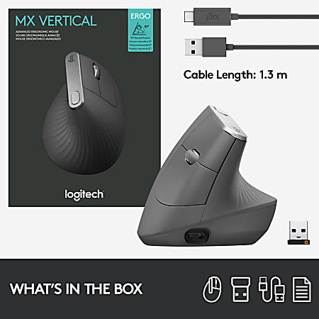Logitech MX Vertical Ergonomic Wireless Mouse Control and Move Content Between 3 Windows and Apple Computers Bluetooth or USB Rechargeable Graphite - Office Depot