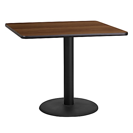 Flash Furniture Square Laminate Table Top With Round Table Height Base, 31-3/16”H x 36”W x 36”D, Walnut