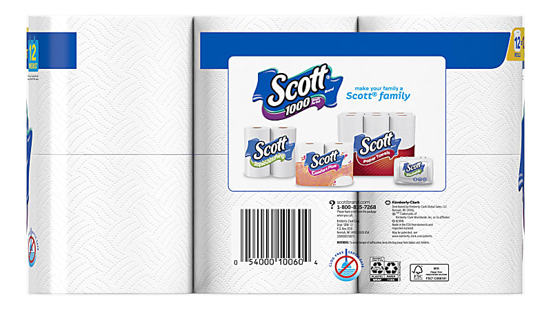 Scott Bathroom Tissue, 1000, Unscented, One-Ply - 12 rolls