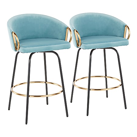 LumiSource Claire Counter Stools, Light Blue/Black/Gold, Set Of 2 Stools