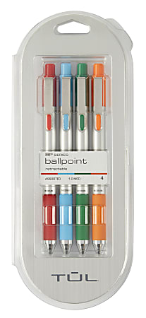TUL® BP Series Retractable Ballpoint Pens, Medium Point, 1.0 mm, Silver Barrel, Red/Sky Blue/Green/Orange Inks, Pack Of 4 Pens