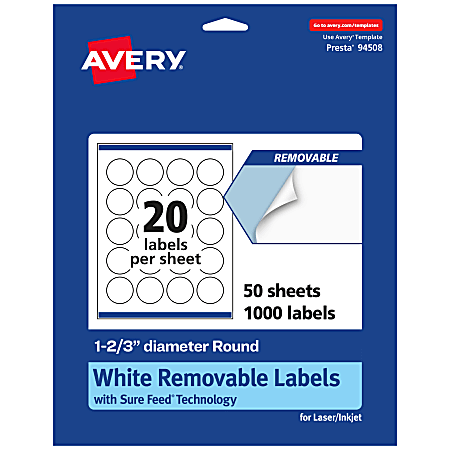 Avery® Removable Labels With Sure Feed®, 94508-RMP50, Round, 1-2/3" Diameter, White, Pack Of 1,000 Labels