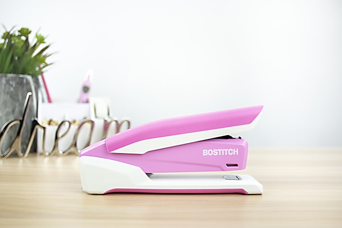 Bostitch InCourage Spring Powered Desktop Stapler With Antimicrobial  Protection 20 Sheets Capacity PinkWhite - Office Depot