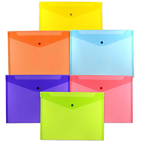 JAM Paper® Plastic Letter Booklet Envelopes, 9-3/4" x 13", Snap Closures, Assorted Colors, Pack Of 6 Envelopes