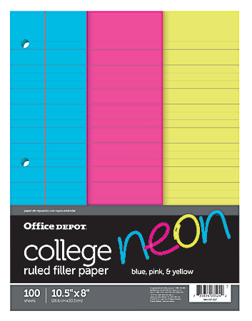 Office Depot® Brand Filler Paper, 8" x 10 1/2", 16 lb, Blue/Neon Pink/Yellow, 100 Sheets