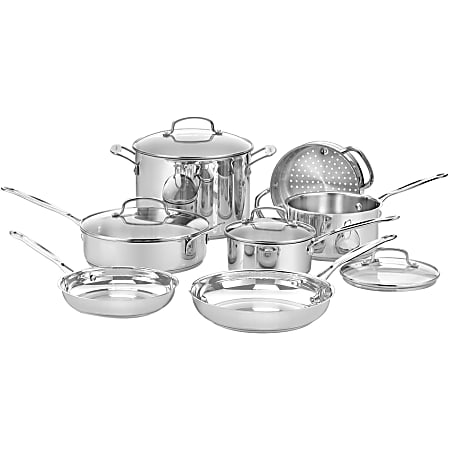 Cuisinart 11-Piece Chef's Classic Cookware Set - 1.5 quart Saucepan, 2.5 quart Saucepan, 3 quart Saute, 8 quart Stockpot, 8" Diameter Skillet, 10" Diameter Skillet, Steamer Insert, Lid - Stainless Steel, Tempered Glass Lid, Aluminum - Dishwasher Safe