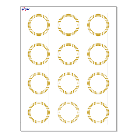 Avery® Print-To-The-Edge Labels & Sure Feed®, S00-D18-PRWMP10, 2" Round, Matte White, Preprinted Multi-Lined Gold Border Design, Pack Of 120
