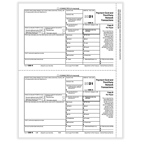 ComplyRight™ 1099-K Tax Forms, 2-Up, Payee Copy B, Laser, 8-1/2" x 11", Pack Of 100 Forms