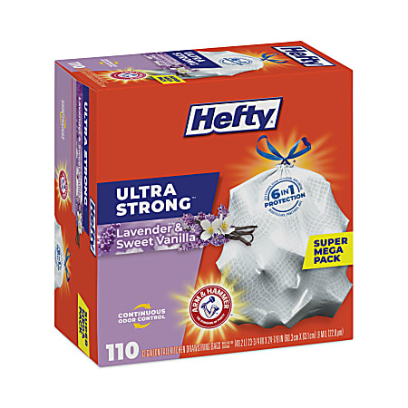 Hefty® Ultra Strong Scented Tall White Kitchen Bags Extra Heavy-Duty, Drawstring, 13 gal, Lavender/Vanilla, 23.75 x 24.88, White, 110/Box