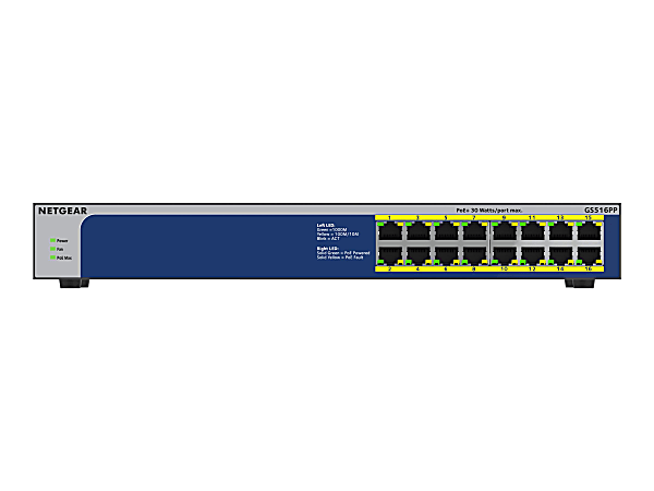 Netgear GS516PP Ethernet Switch - 16 Ports - 2 Layer Supported - 316.10 W Power Consumption - 260 W PoE Budget - GS516PP100NAS