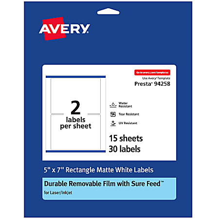 Avery® Durable Removable Labels With Sure Feed®, 94258-DRF15, Rectangle, 5" x 7", White, Pack Of 30