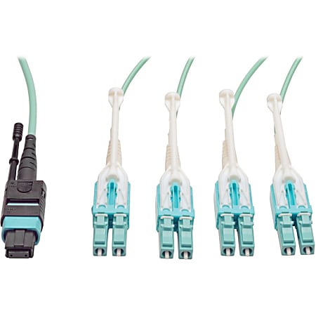 Tripp Lite 2M Fiber Optic Fan-out Cable Push / Pull Tab MTP/MPO to 8 x LC 40Gbase OM3 Plenum Aqua 6ft 6' 2 Meter, N84402M8LCPT
