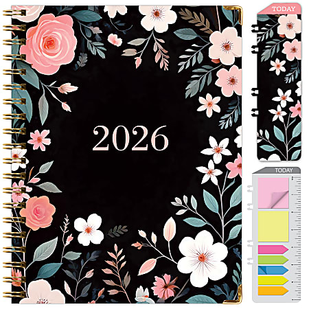 2025-2026 Global Excello Brands Hardcover Fashion Weekly/Monthly Planner, 8-1/2” x 11", Black Floral Pink, November 2025 To December 2026