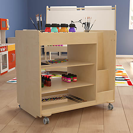 Flash Furniture Bright Beginnings Commercial Wood Mobile Storage Cart with Vertical and Horizontal Storage Compartments And Locking Caster Wheels, 31-1/2”H x 33”W x 23”D, Beech