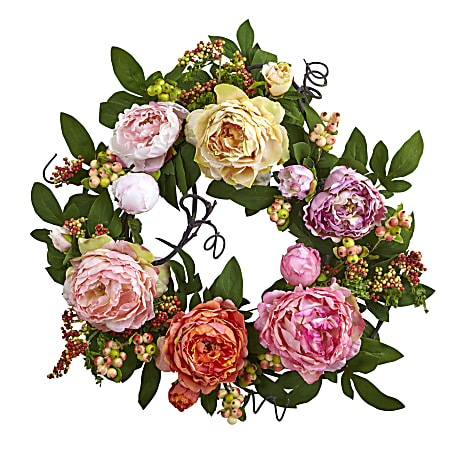 Nearly Natural Mixed Peony & Berry 20”H Plastic Wreath, 20”H x 20”W x 2”D, Multicolor