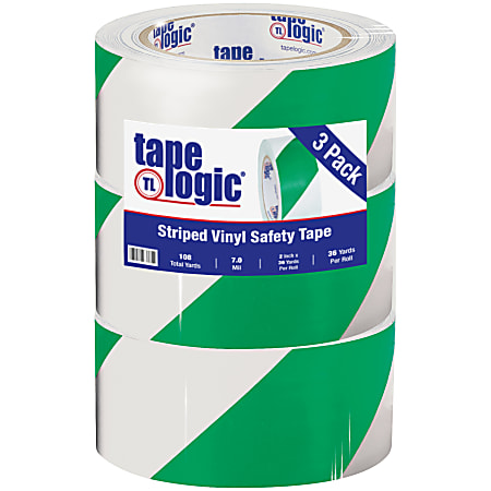 BOX Packaging Striped Vinyl Tape, 3" Core, 2" x 36 Yd., Green/White, Case Of 3