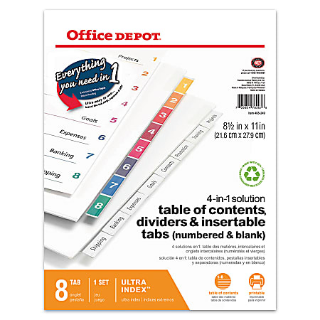 Office Depot® Brand Ultra Index™ 4-In-1 Solution Table Of Contents, Dividers And Insertable Tabs, Assorted Colors, Paper, 8-Tab
