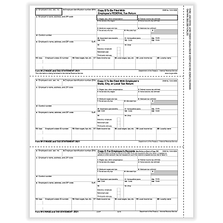 ComplyRight™ W-2 Tax Forms, 3-Up (W-Style), Employee's Copies B, C & 2 Combined, Laser, 8-1/2" x 11", Pack Of 2,000 Forms