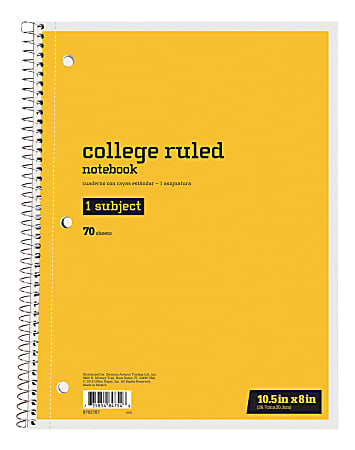 Just Basics® Spiral Notebook, 8" x 10-1/2", College Ruled, 70 Sheets, Yellow