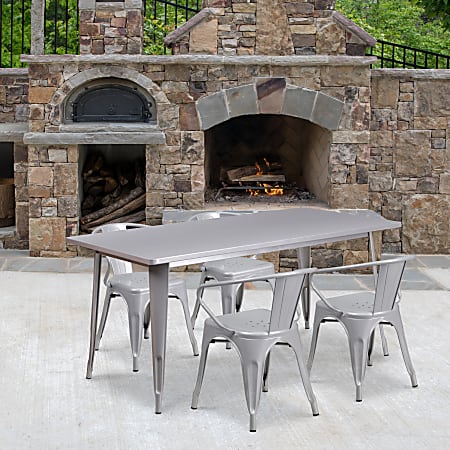 Flash Furniture Commercial-Grade Rectangular Metal Indoor-Outdoor Table with 4 Arm Chairs, 29-1/2"H x 31-1/2"W x 63"D, Silver