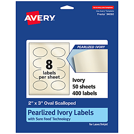 Avery® Pearlized Permanent Labels With Sure Feed®, 94060-PIP50, Oval Scalloped, 2" x 3", Ivory, Pack Of 400 Labels