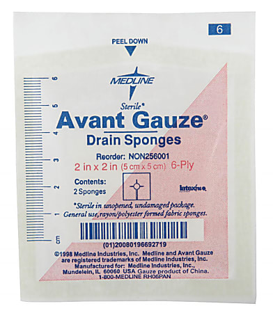 Medline Avant Sterile Gauze Drain Sponges, 2", White, 70 Sponges Per Box, Case Of 40 Boxes