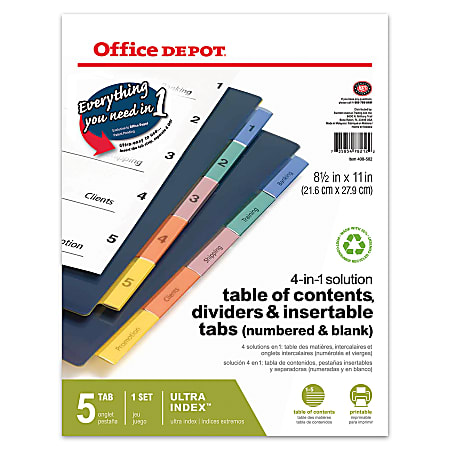 Office Depot® Brand Ultra Index™ 4-In-1 Solution Table Of Contents, Dividers And Insertable Tabs, Assorted Colors, Plastic, 5-Tab