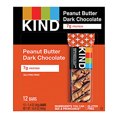 KIND Plus Dark Chocolate Peanut Butter Bars, 1.4 Oz, Box Of 12 Bars