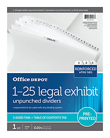 Office Depot&reg; Brand Legal Index Exhibit Unpunched Dividers With Laminated Tabs, Black/White, Numbered 1-25