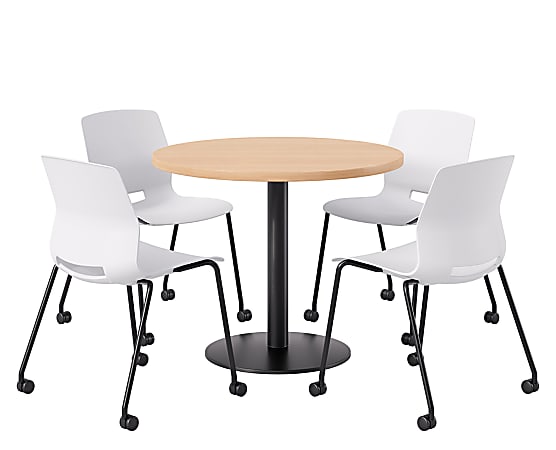 KFI Studios Proof Cafe Round Pedestal Table With Imme Caster Chairs, Includes 4 Chairs, 29”H x 36”W x 36”D, Maple Top/Black Base/White Chairs