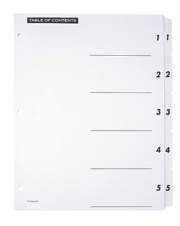 Office Depot® Brand Table Of Contents Customizable Index With Preprinted Tabs, White, Numbered 1-5