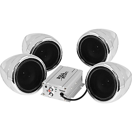 BOSS AUDIO MC470B Chrome 1000 watt Motorcycle/ATV Sound System with Bluetooth Audio Streaming, Two Pairs of 3 Inch Weather Proof Speakers, Aux Input and Volume Control