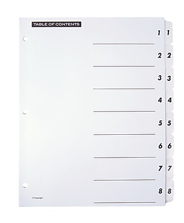 Office Depot® Brand Table Of Contents Customizable Index With Preprinted Tabs, White, Numbered 1-8